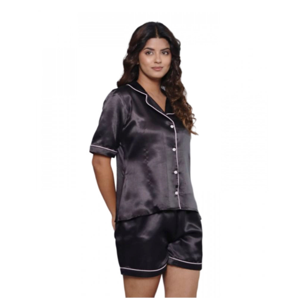 Generic Women's Casual Satin Half Sleeve Night Suit Set (Black)