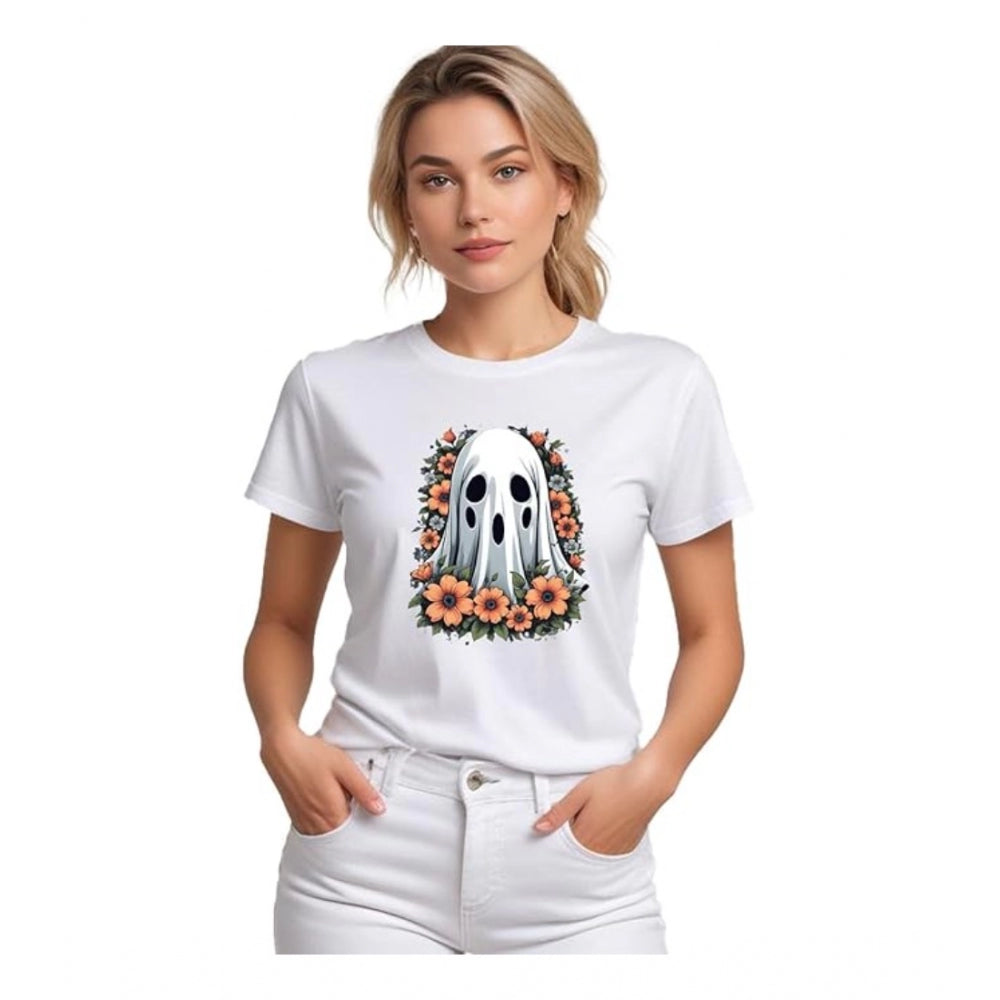 Alluring Women's Polyester Solid Printed Round Neck Half Sleeve T-shirt (White)