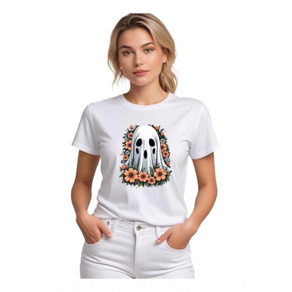 Alluring Women's Polyester Solid Printed Round Neck Half Sleeve T-shirt (White)