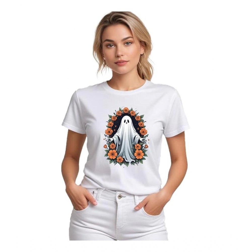 Fearless Women's Polyester Solid Printed Round Neck Half Sleeve T-shirt (White)