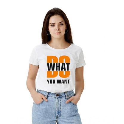 Exclusive Women's Polyester Solid Printed Round Neck Half Sleeve T-shirt (White)