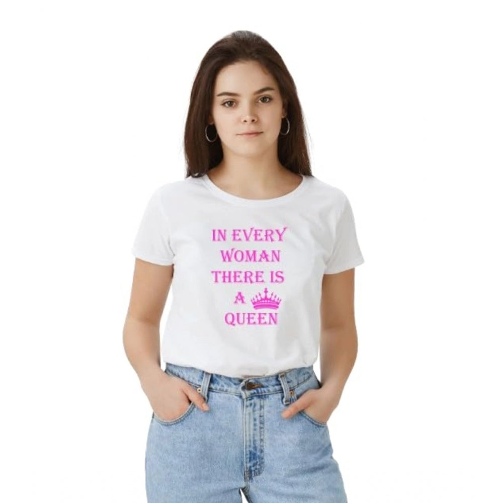 Alluring Women's Polyester Solid Printed Round Neck Half Sleeve T-shirt (White)