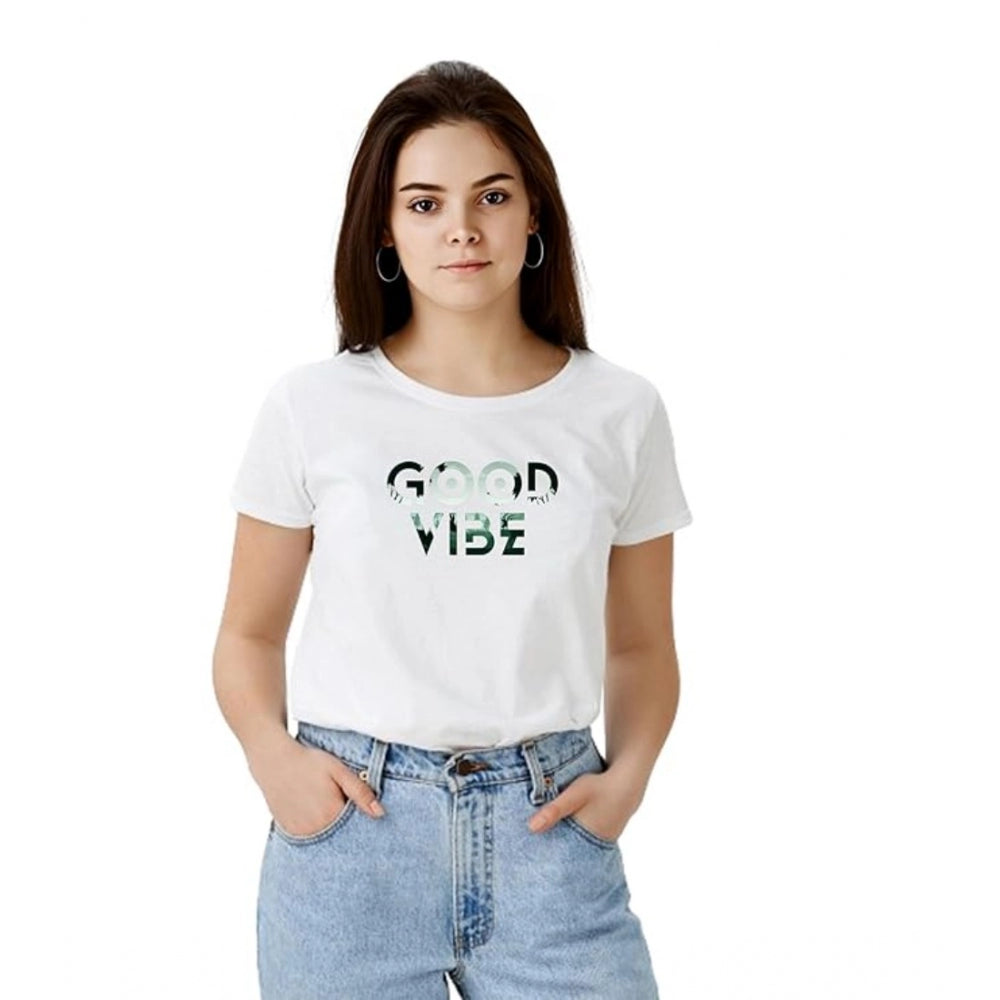 Beautiful Women's Polyester Solid Printed Round Neck Half Sleeve T-shirt (White)