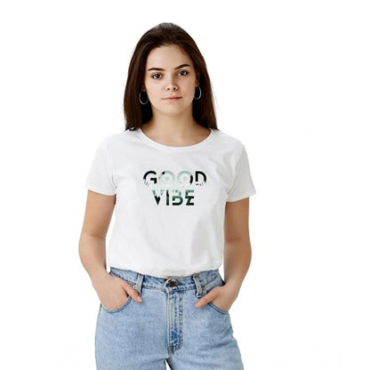 Beautiful Women's Polyester Solid Printed Round Neck Half Sleeve T-shirt (White)