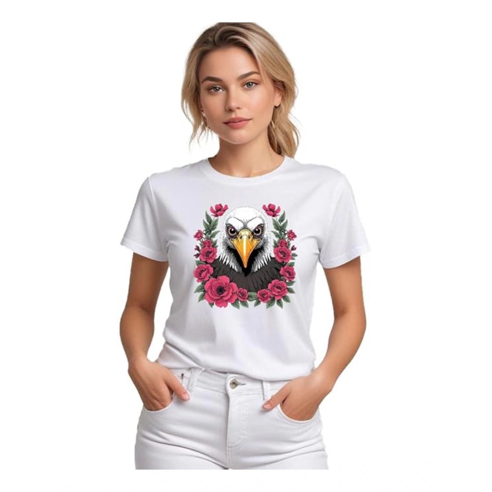 Chic Women's Polyester Solid Printed Round Neck Half Sleeve T-shirt (White)