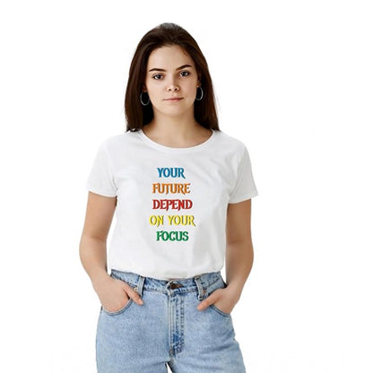 Bold Women's Polyester Solid Printed Round Neck Half Sleeve T-shirt (White)