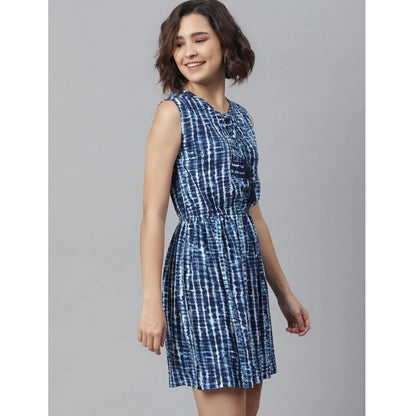 Generic Women's Rayon Tie &amp; Dye Sleeveless Above Knee Dress (Blue)