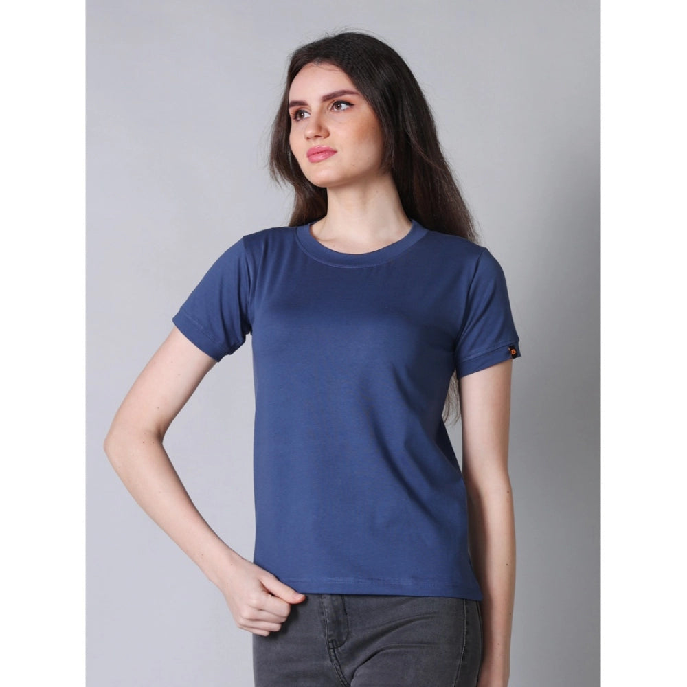 Exquisite Women's Cotton Blended Solid Round Neck Half Sleeve T-Shirt (Blue)