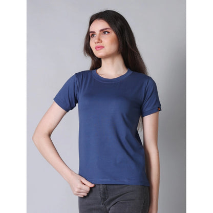 Exquisite Women's Cotton Blended Solid Round Neck Half Sleeve T-Shirt (Blue)