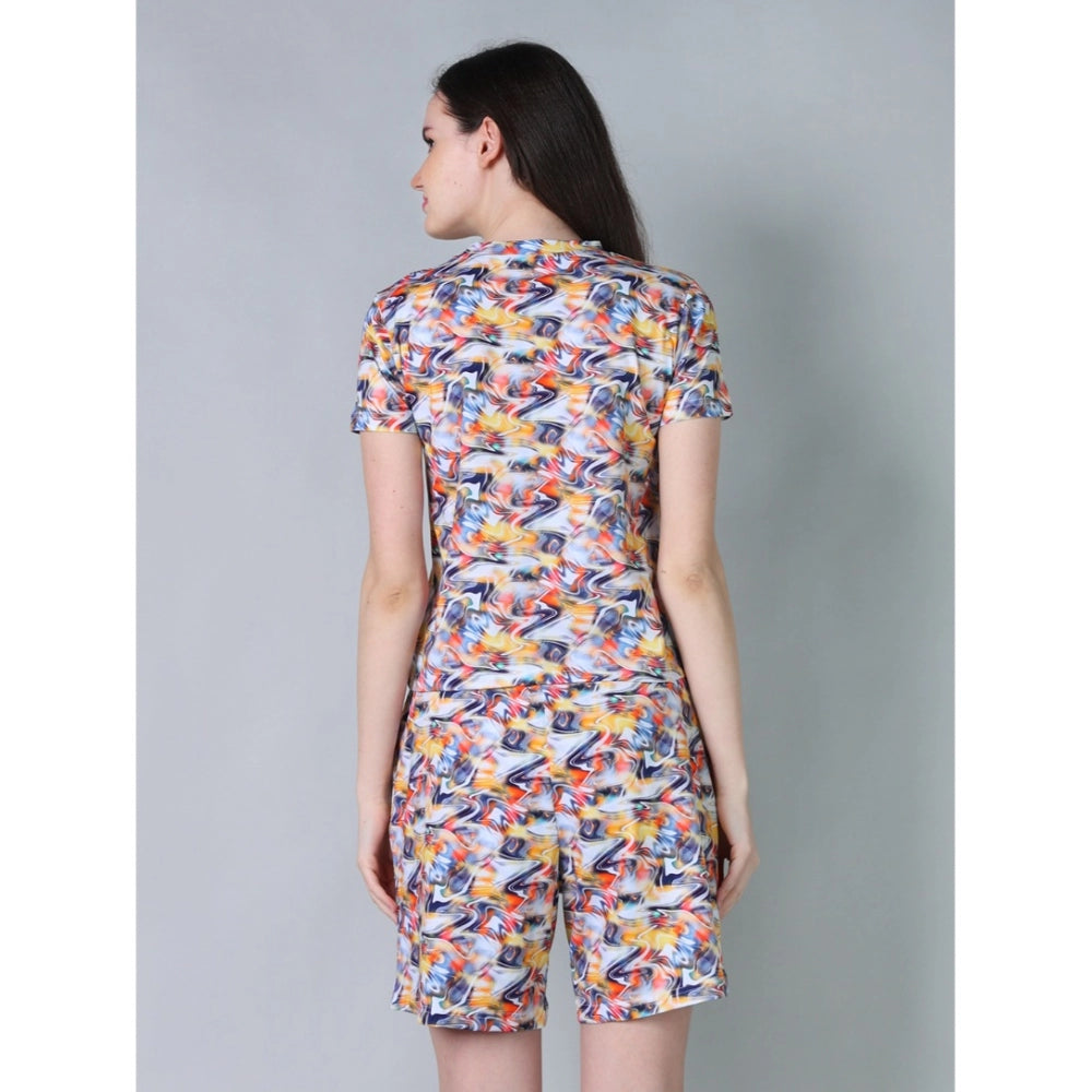 Generic Women's Cotton Blended Printed Round Neck Half Sleeve Top - Shorts Set (Multicolor)