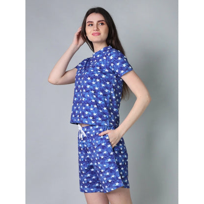 Generic Women's Cotton Blended Printed Round Neck Half Sleeve Top - Shorts Set (Blue)