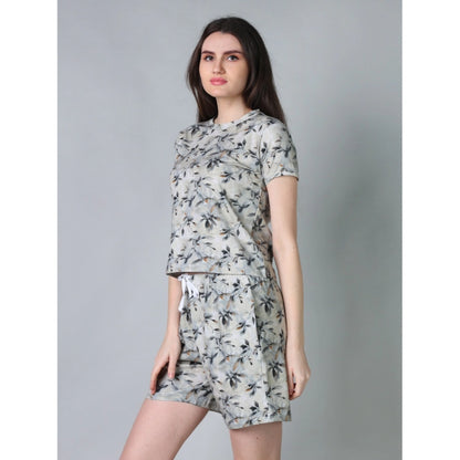 Generic Women's Cotton Blended Printed Round Neck Half Sleeve Top - Shorts Set (Grey)