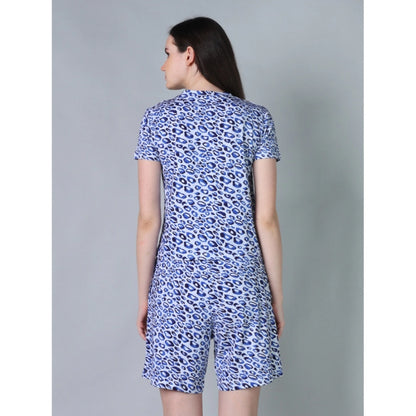 Generic Women's Cotton Blended Printed Round Neck Half Sleeve Top - Shorts Set (Blue)