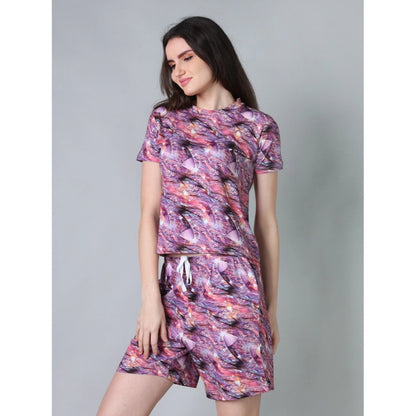 Generic Women's Cotton Blended Printed Round Neck Half Sleeve Top - Shorts Set (Purple)