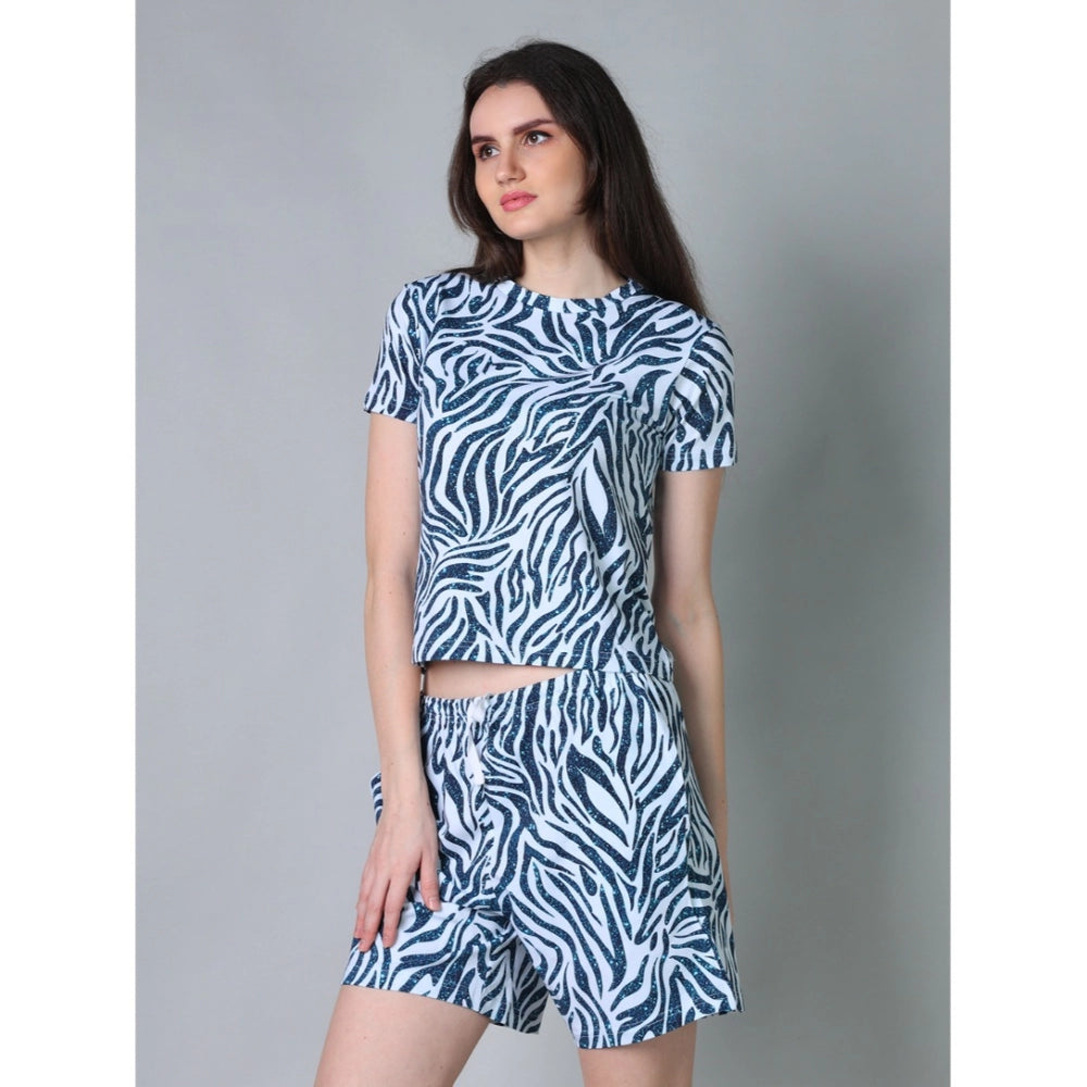 Generic Women's Cotton Blended Printed Round Neck Half Sleeve Top - Shorts Set (Blue)