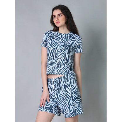 Generic Women's Cotton Blended Printed Round Neck Half Sleeve Top - Shorts Set (Blue)