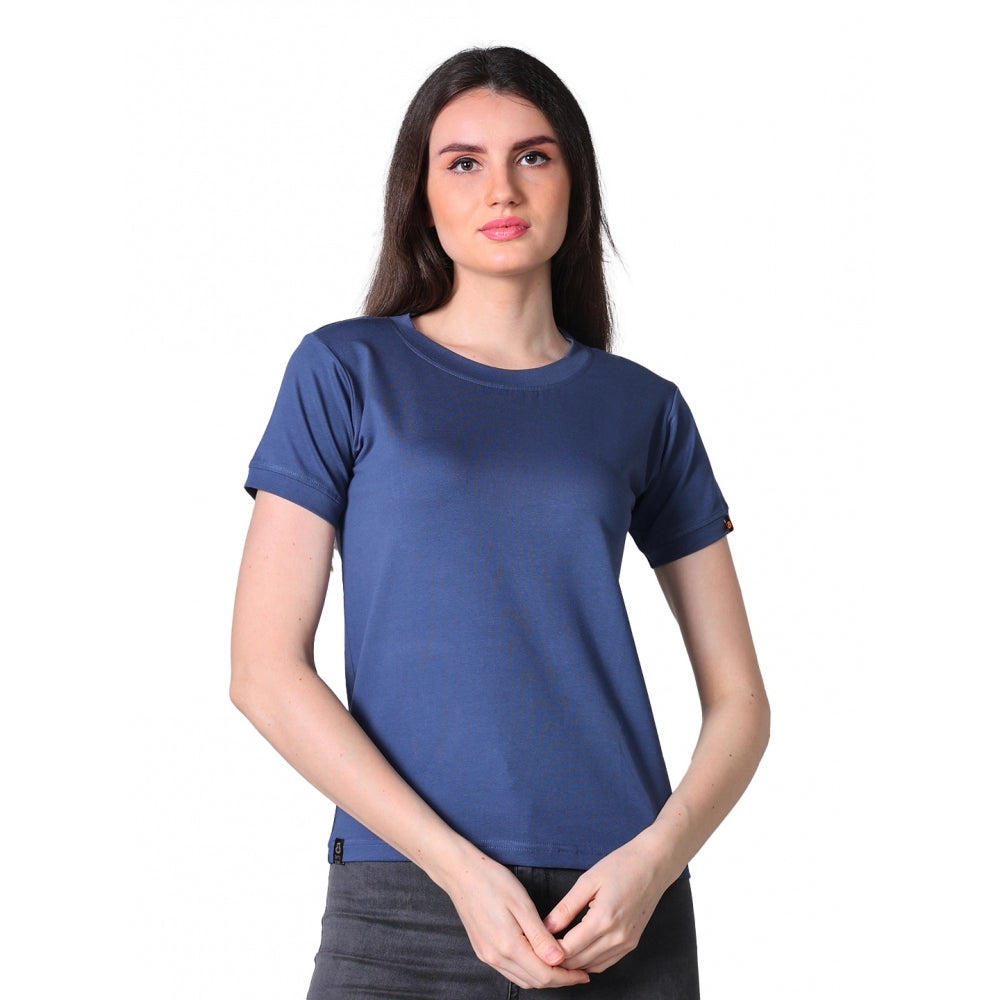 Exquisite Women's Cotton Blended Solid Round Neck Half Sleeve T-Shirt (Blue)