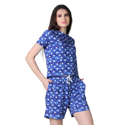 Generic Women's Cotton Blended Printed Round Neck Half Sleeve Top - Shorts Set (Blue)