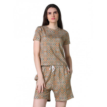 Generic Women's Cotton Blended Printed Round Neck Half Sleeve Top - Shorts Set (Beige)