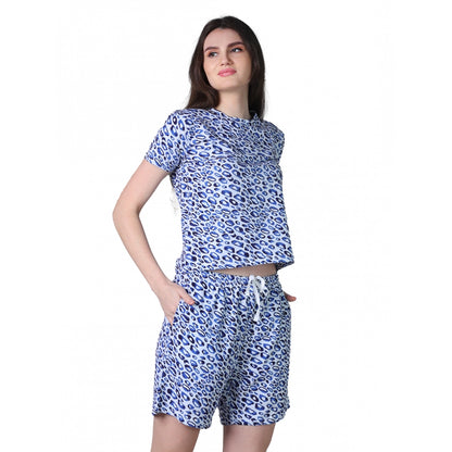 Generic Women's Cotton Blended Printed Round Neck Half Sleeve Top - Shorts Set (Blue)