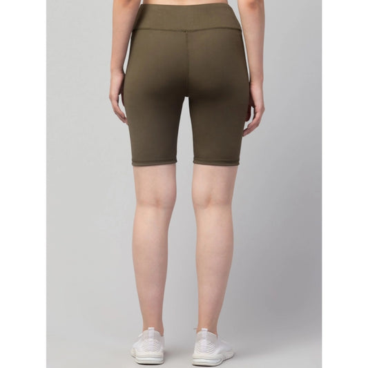 Generic Women's Polyester Solid Above Knee High-Rise Shorts (Olive)