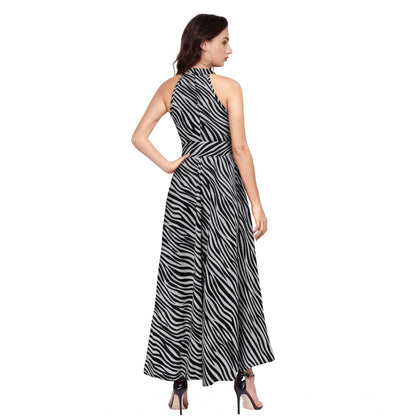 Generic Women's Polyester Zebra Pattern Halter Neck Sleeveless Dress (Navy Blue)