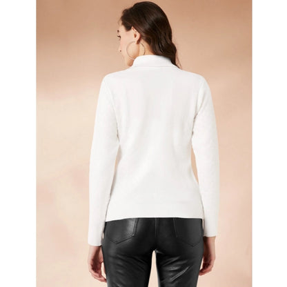 Luxe Women's Polyester Solid High Neck Full Sleeve T-Shirt (White)