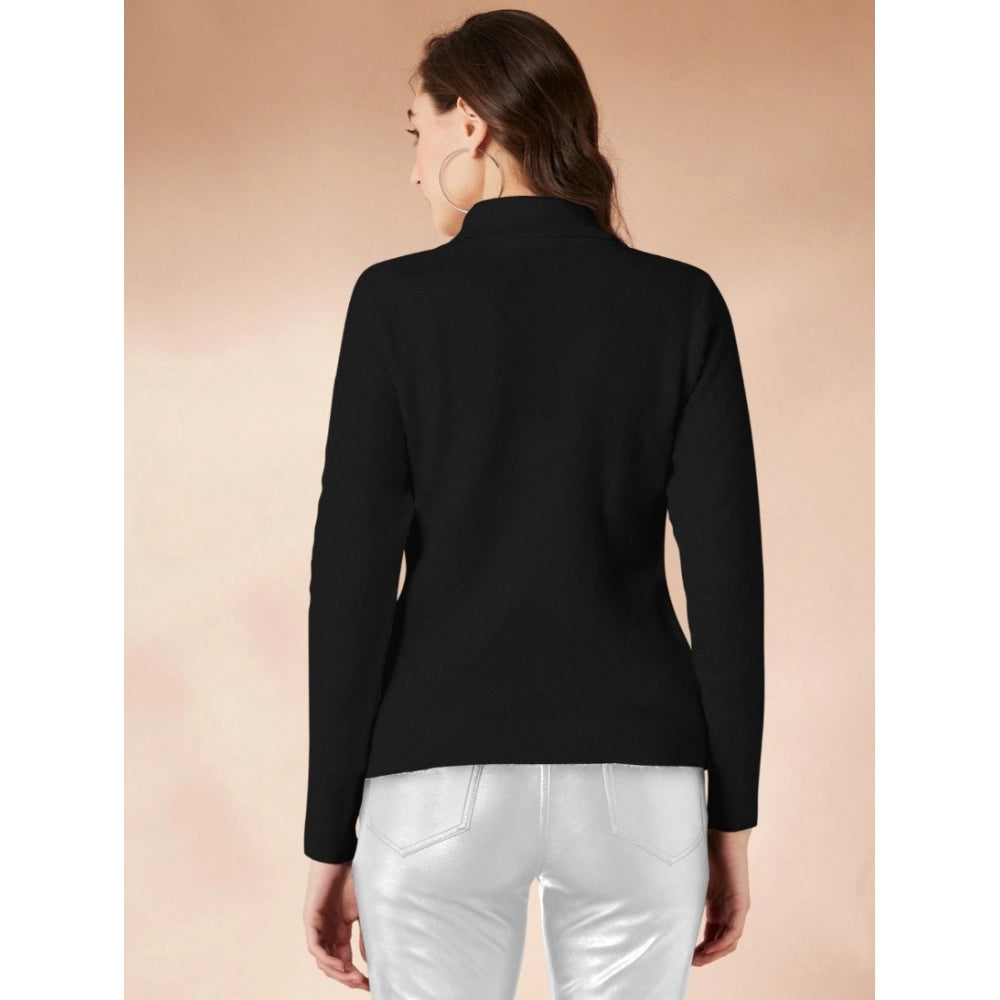 Elegant Women's Polyester Solid High Neck Full Sleeve T-Shirt (Black)