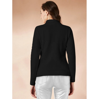 Elegant Women's Polyester Solid High Neck Full Sleeve T-Shirt (Black)