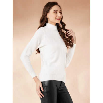 Luxe Women's Polyester Solid High Neck Full Sleeve T-Shirt (White)