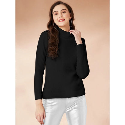 Elegant Women's Polyester Solid High Neck Full Sleeve T-Shirt (Black)