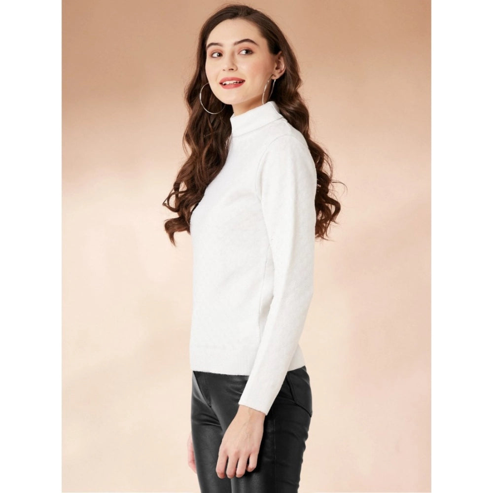 Luxe Women's Polyester Solid High Neck Full Sleeve T-Shirt (White)