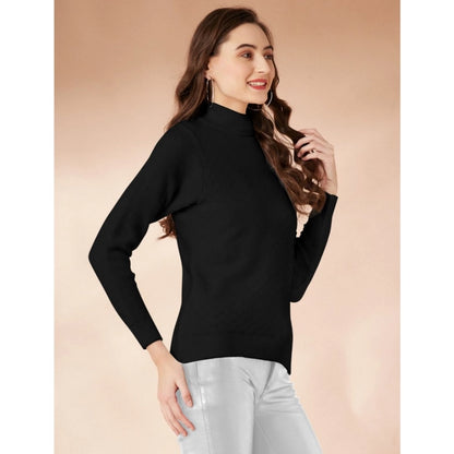 Elegant Women's Polyester Solid High Neck Full Sleeve T-Shirt (Black)