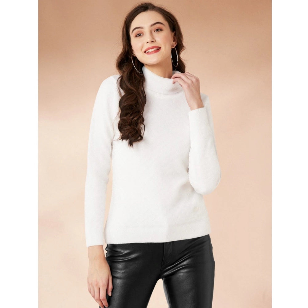 Luxe Women's Polyester Solid High Neck Full Sleeve T-Shirt (White)