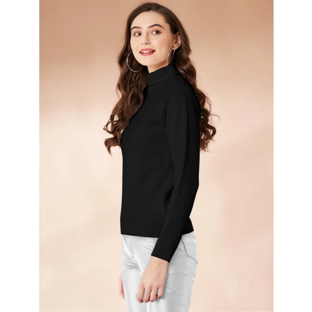 Elegant Women's Polyester Solid High Neck Full Sleeve T-Shirt (Black)