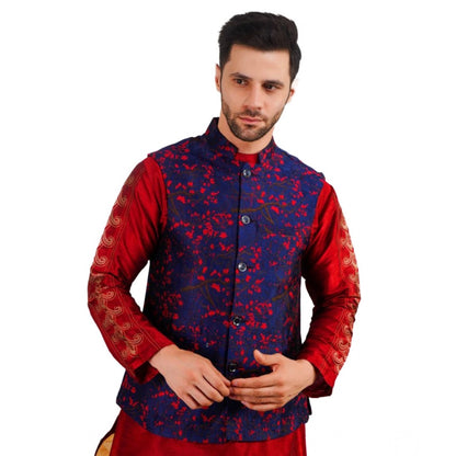 Generic Men's Jacquard Self-Design Sleeveless Mandarin Neck Waistcoat (Blue-Red)
