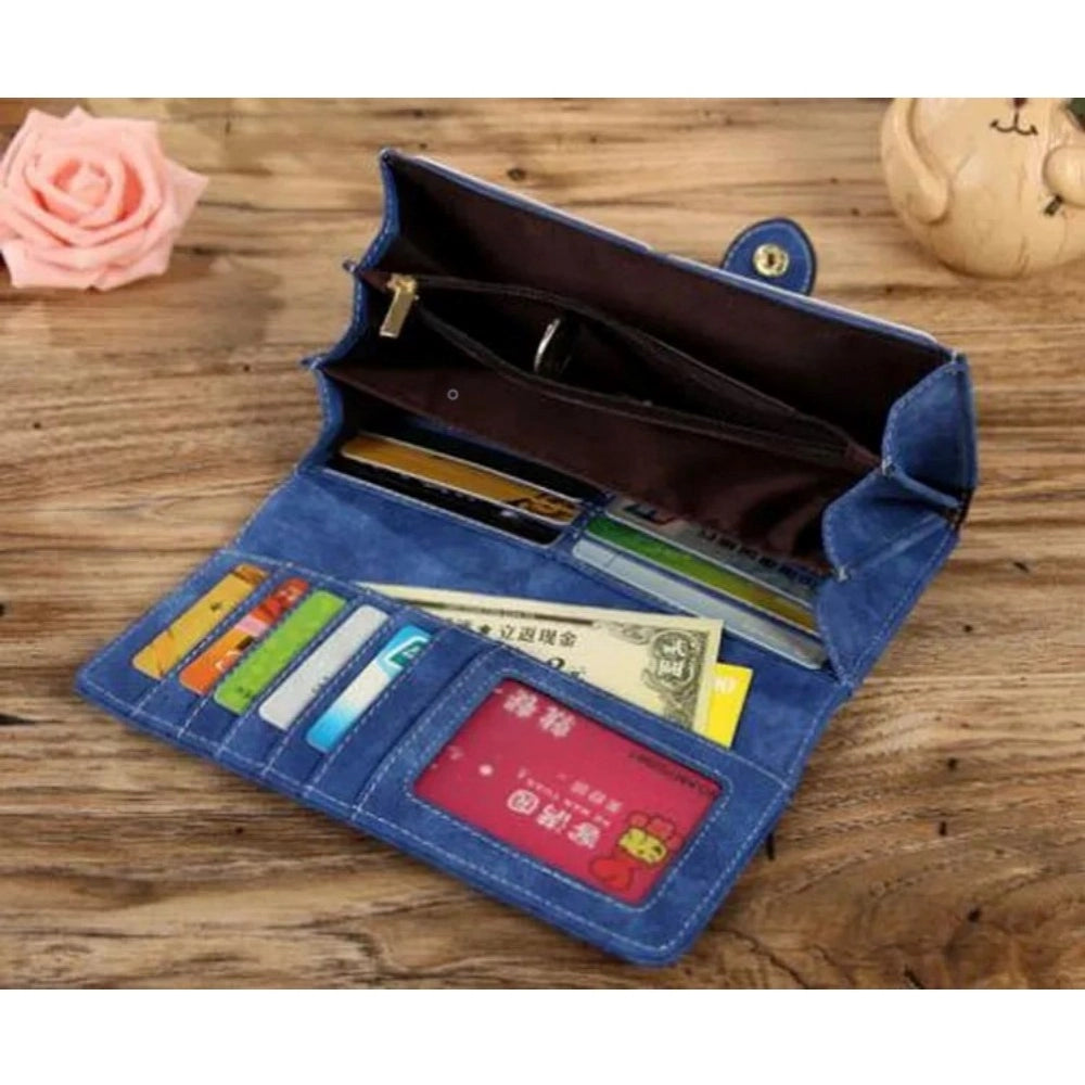 Generic Women's Faux Leather Medium Snap Button Wallet (Dark Blue)