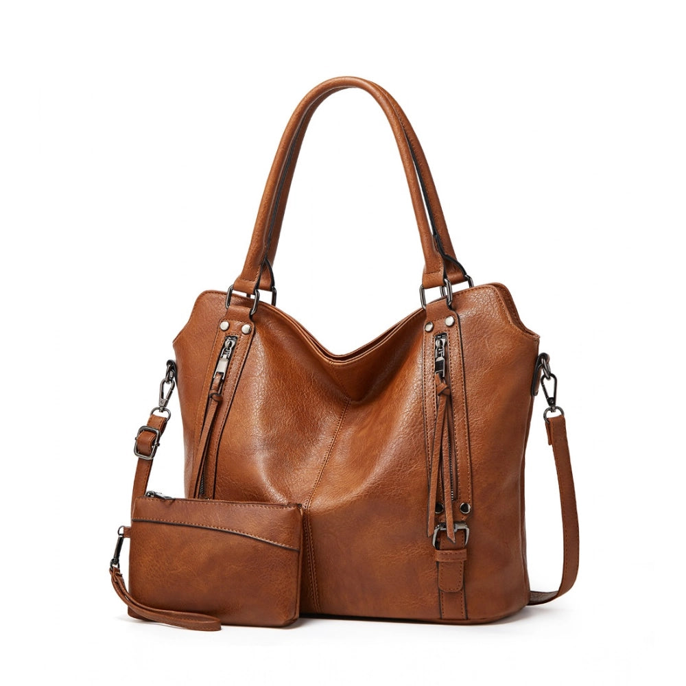 Generic Women's PU Leather Large Shoulder Zipper Handbag (Brown)