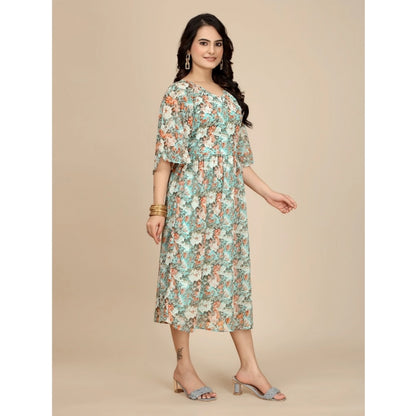 Generic Women's Georgette Printed Round Neck Short Sleeve Dress (Multicolor)