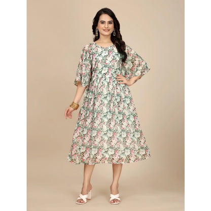 Generic Women's Georgette Printed Round Neck Short Sleeve Dress (Pink)