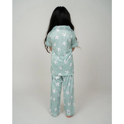 Generic Girl's Silk Bleand Printed Short Sleeve Night Suit Set (Light Green)