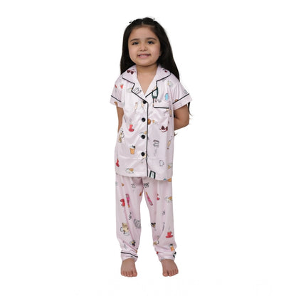 Generic Girl's Silk Bleand Printed Short Sleeve Night Suit Set (Creem)