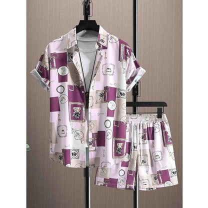 Generic Men's Lycra Printed Half Sleeve Shirt and Shorts Set (Wine)