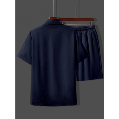 Generic Men's Popcon Solid Half Sleeve Shirt and Shorts Set (Dark Blue)