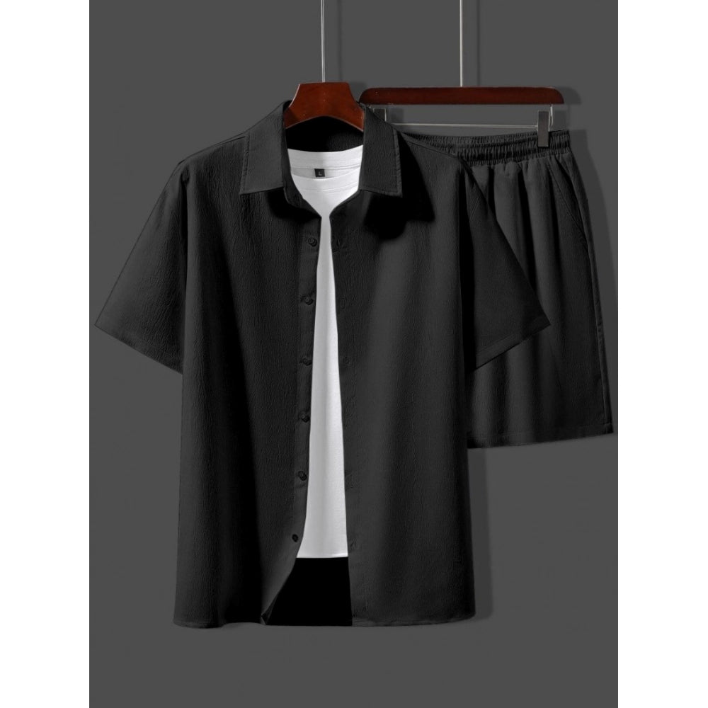 Generic Men's Popcon Solid Half Sleeve Shirt and Shorts Set (Black)