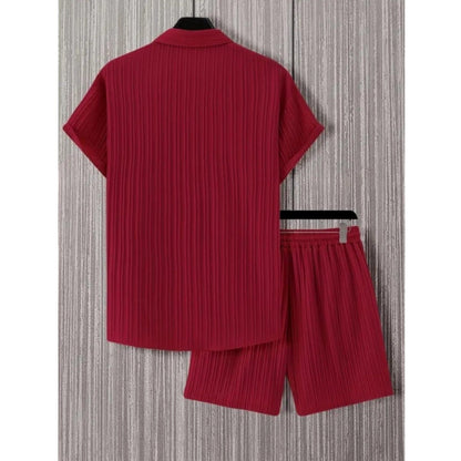 Generic Men's Popcon Striped Half Sleeve Shirt and Shorts Set (Maroon)