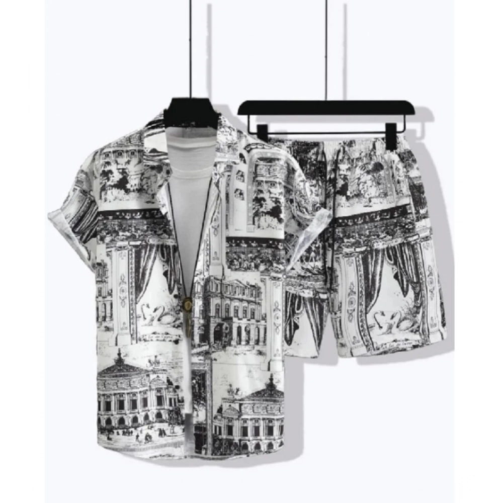 Generic Men's Lycra Printed Half Sleeve Shirt and Shorts Set (White)
