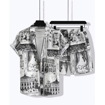 Generic Men's Lycra Printed Half Sleeve Shirt and Shorts Set (White)