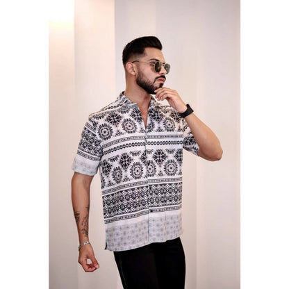 Generic Men's Linen Printed Half Sleeve Shirt (Black White)