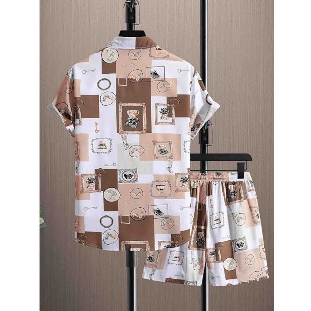 Generic Men's Lycra Printed Half Sleeve Shirt and Shorts Set (Cream)